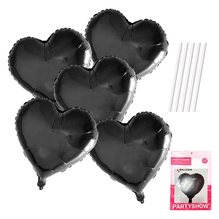 파티쇼 하트 은박 풍선 45cm 5p 빨대 5p 세트, 블랙풍선, 1세트