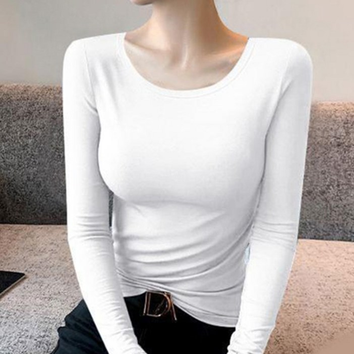 구디프 여성용 U넥 슬림핏 긴팔 데일리 기본 티셔츠