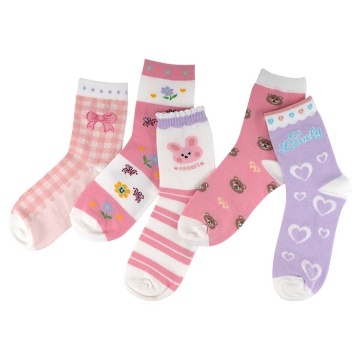 아이뿜 아동용 핑크 러블리 바니 양말 5켤레 세트 B12
