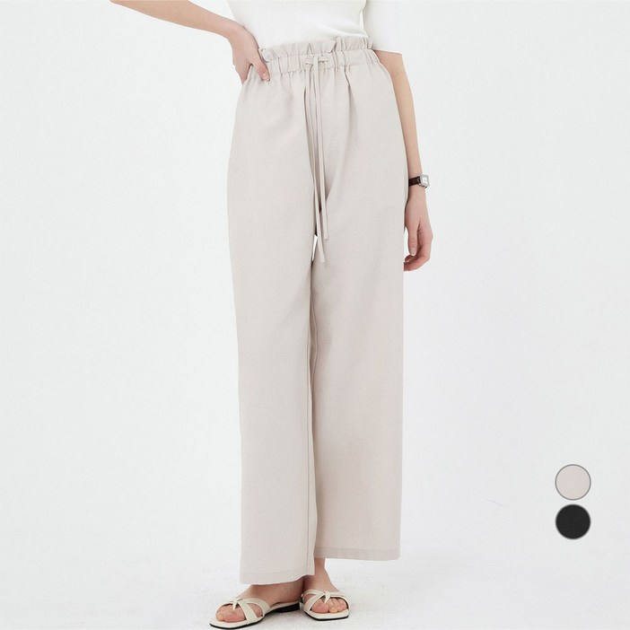 ELLE PARIS 여성용 스트레이트 와이드핏 리넨라이크 밴딩 팬츠