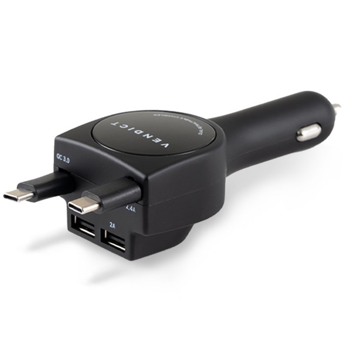 벤딕트 릴타입 시거잭 4in1 C타입 차량용 고속 충전기, VDT206C, 블랙