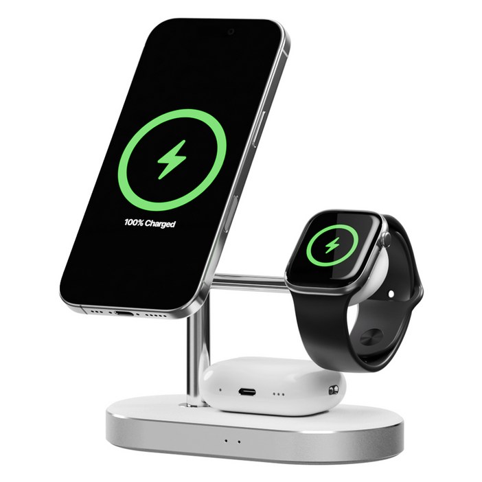 신지모루 Qi2 3in1 M-트리 터보 맥세이프 초고속 무선충전 아이폰 애플워치 거치대, 화이트, 1개