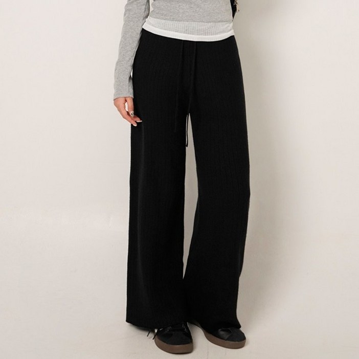 코튼클로젯 여성용 숏롱 기장 데일리 골지 와이드 밴딩 니트 팬츠