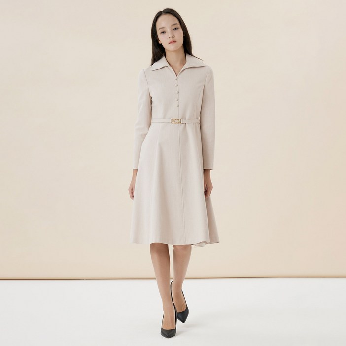 라인어디션 오픈카라 벨티드 플레어 미디 원피스