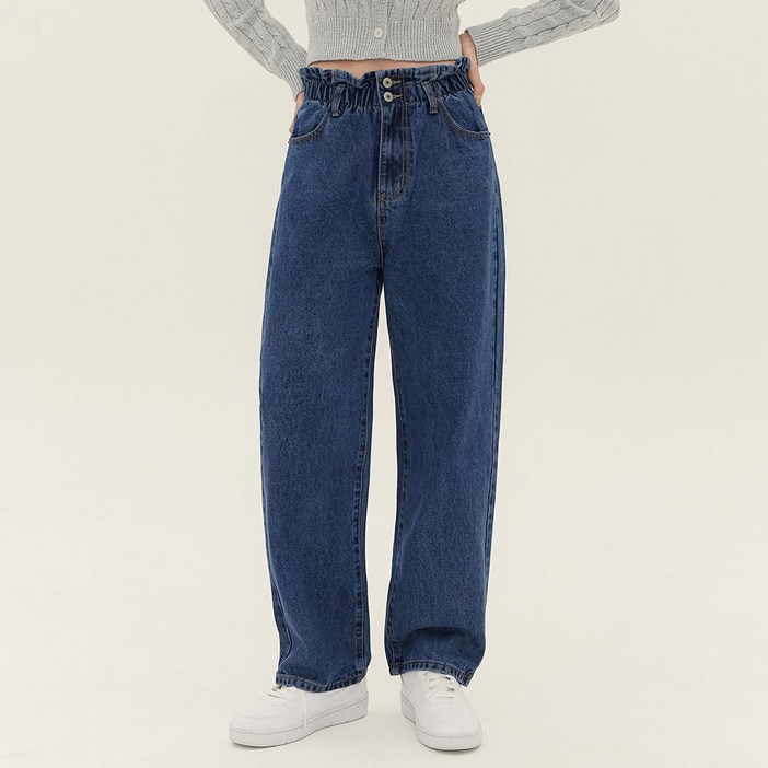 진마니아 여성용 허리밴딩 캐쥬얼 투버튼 와이드핏 데님 팬츠 C617WJU