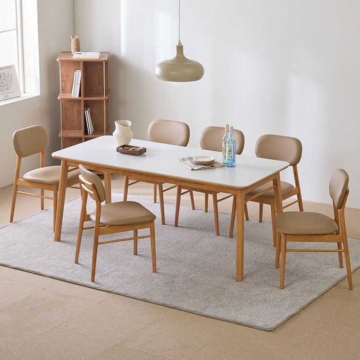 루리 세라믹 원목식탁 6인용 1800 + 의자6p 세트 방문설치, 내추럴(프레임, 의자), 화이트(상판), 일반의자 6