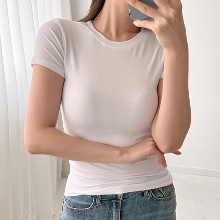 여성용 통기성 슬림 쫀쫀 스판 라운드 면 반팔 티셔츠