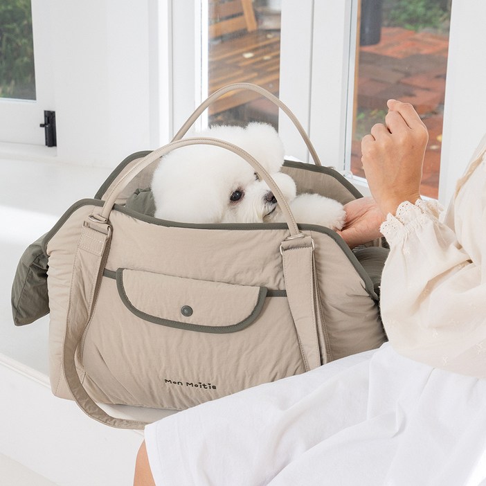 몽모아티 강아지 패브릭 브리오슈백, 1개, 베이지카키