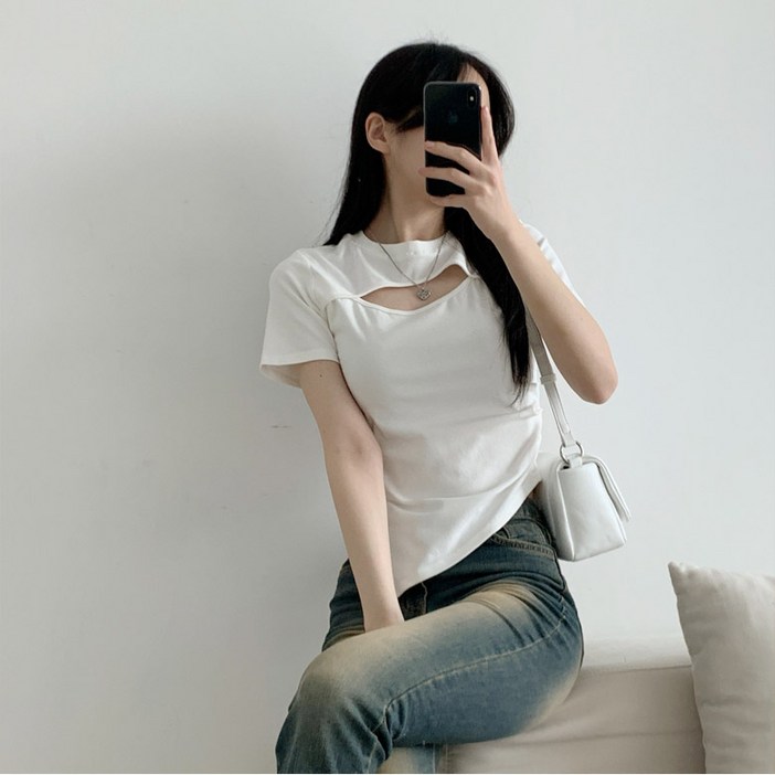 여성용 통기성 럽스 이니 가슴트임 밑단사선 반팔 티셔츠