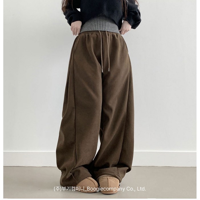 부기샵 융기모 퍼른 골덴 와이드핏 사이드 폴링 핀턱 롱 밴딩팬츠