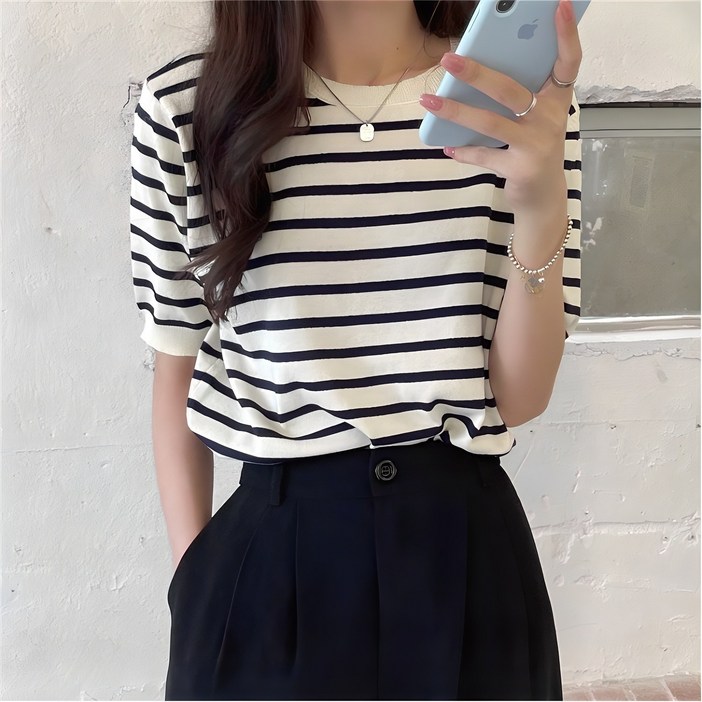 레티고 루즈핏 반팔 스트라이프 니트 티셔츠