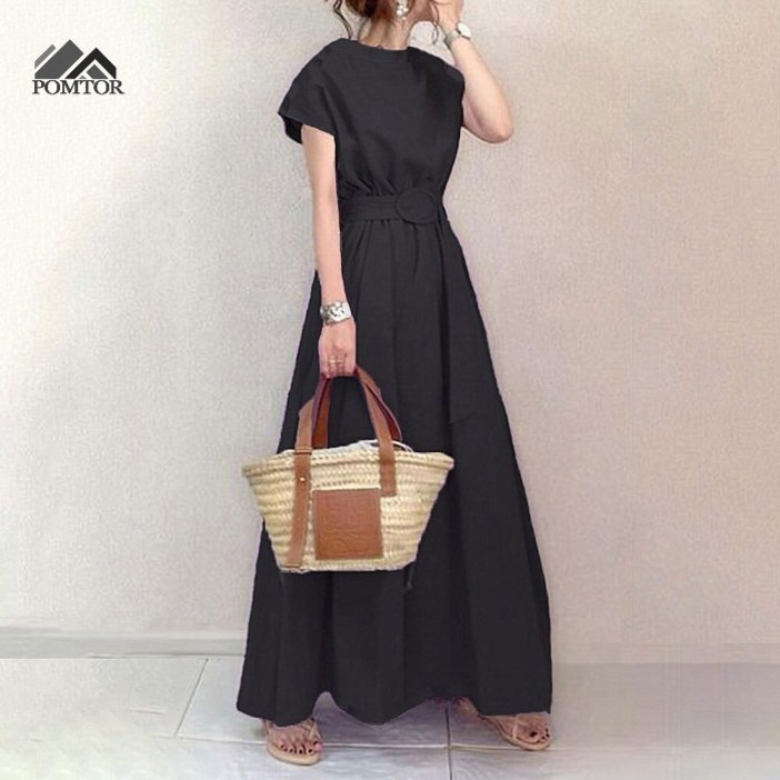 POMTOR 여성 여름 신상 문예스타일 허리 조절 가능한 빅사이즈 원피스