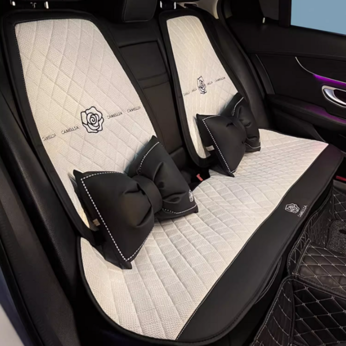 파파무니 자동차 린넨 사계절용 통풍 리본 시트커버 쿠션 방석 세트, 화이트 뒷좌석*1세트, 1개