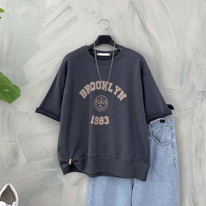 행복여 브룩 레터링 캐쥬얼 루즈핏 7부 맨투맨 티셔츠