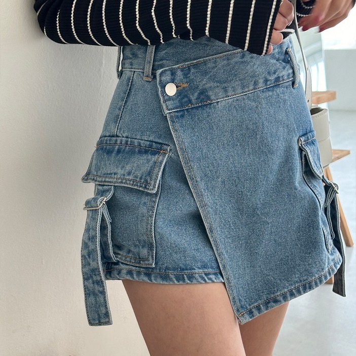 떳다그녀 하이추 카고 랩 데님 치마바지
