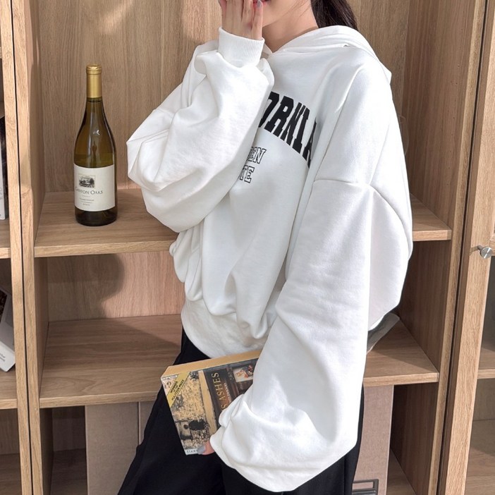 메이징 여성 봄가을 루즈핏 벌룬 소매 후드 프린팅 맨투맨 티셔츠