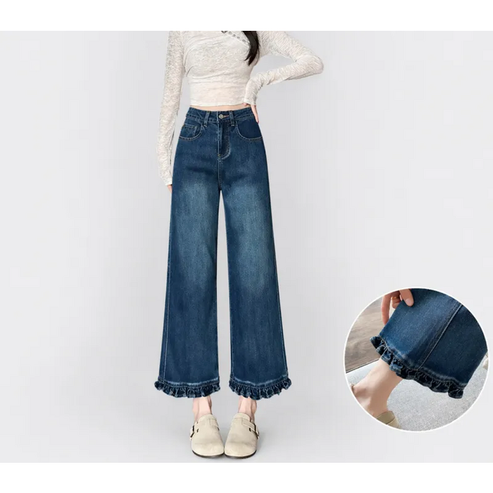 PETITBATH여성 와이드 데님 팬츠 프린지 밑단 캐주얼 청바지