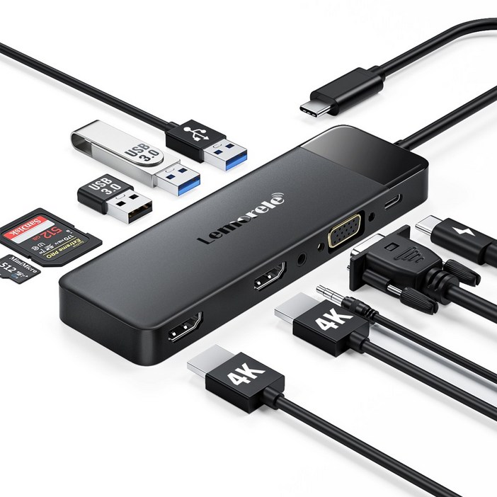 Lemorele 10 in-1 USB C 허브 유형 C 도킹 스테이션 PD 100W 4K HDMI USB 3.0 허브 SD/TF 카드 슬롯 VGA 포트, 1개