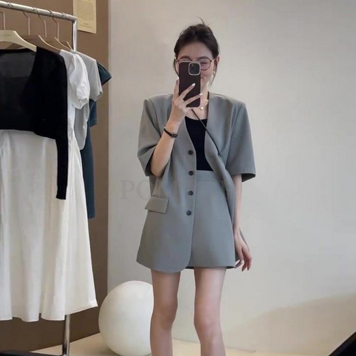 POMTOR 여자 여름 캐주얼 정장 투피스 반팔 짧은치마 세트