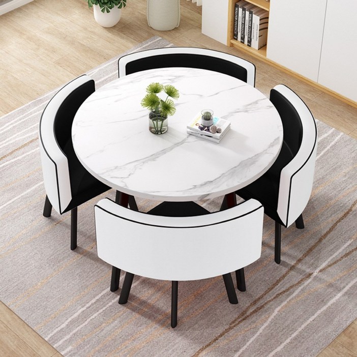 MEETON 감성 인테리어 4인용 티 테이블 세트 원목 의자포함 식탁 원형 카페 둥근모서리, 원형마블화이트체어화이트블랙, 4인용