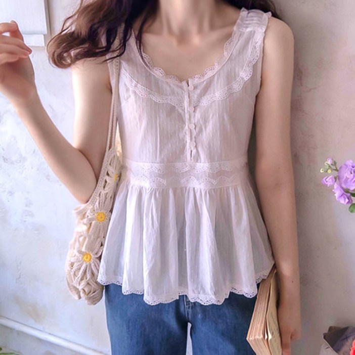 리린 LABEL 폴리나 물결 레이스넥 숄더밴드샤링 나시탑 2972576