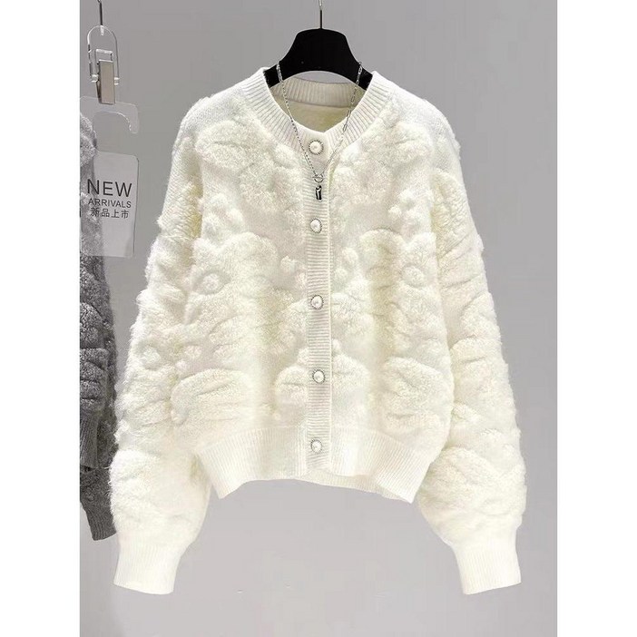 여성 프렌치 플로럴 가디건 입체 꽃 장식 아우터 하객룩 니트 울 카디건 재킷 스웨터