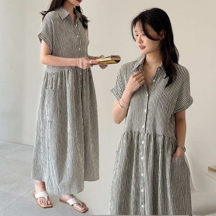 데일리앤 어반 루즈핏 캡소매 스트라이프 지지미 반팔 롱 셔츠 원피스 여름 휴양지 빅사이즈