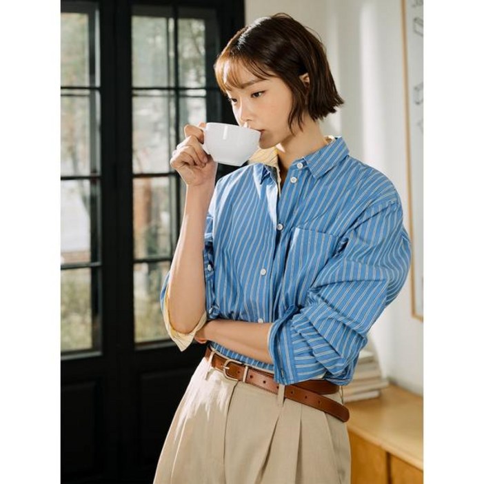 빈폴레이디스 포플린 스트라이프 오버핏 셔츠 블루 BF5264C02P 남방 블라우스 데일리룩