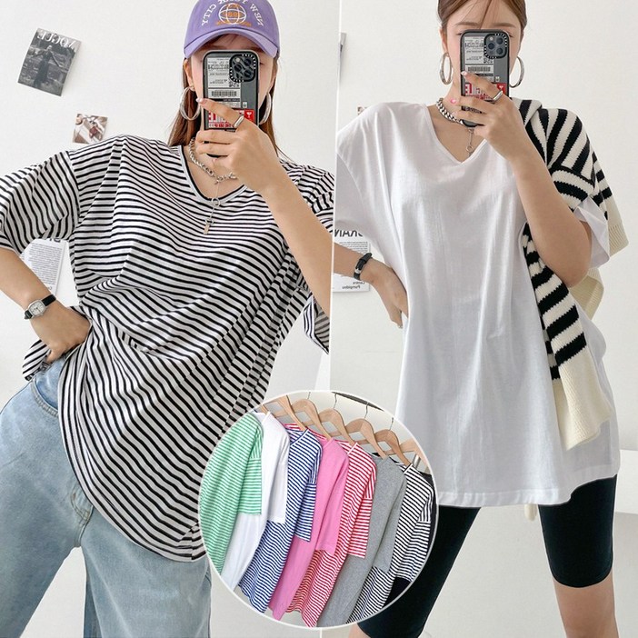 랍빠 브이 박스티 8color 스트라이프 무지 루즈핏 반팔 티셔츠 레이어드 코튼100 (국내생산)