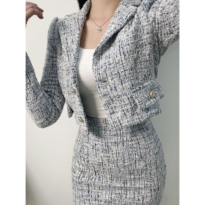 피아 트위드 크롭 자켓 스커트 투피스 하객룩