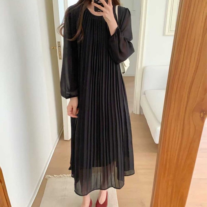 [오나스타일] 미스틱 플리츠 롱 원피스 루즈핏 주름 롱원피스