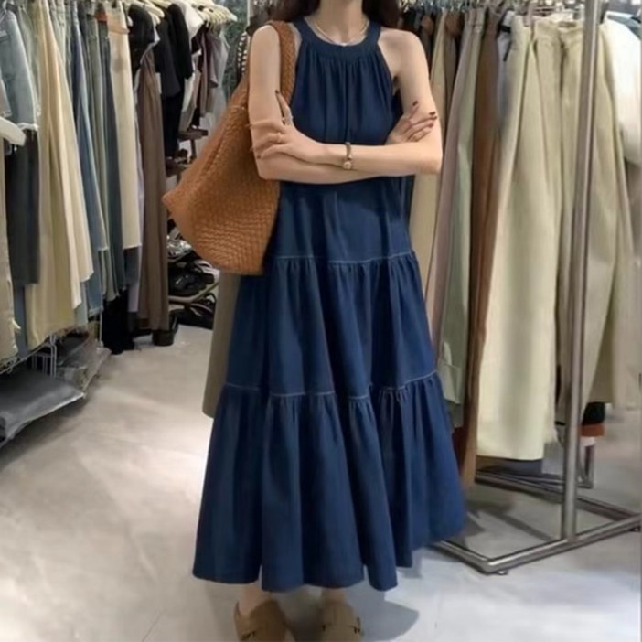캐치피치 홀터넥 데님 캉캉 롱원피스
