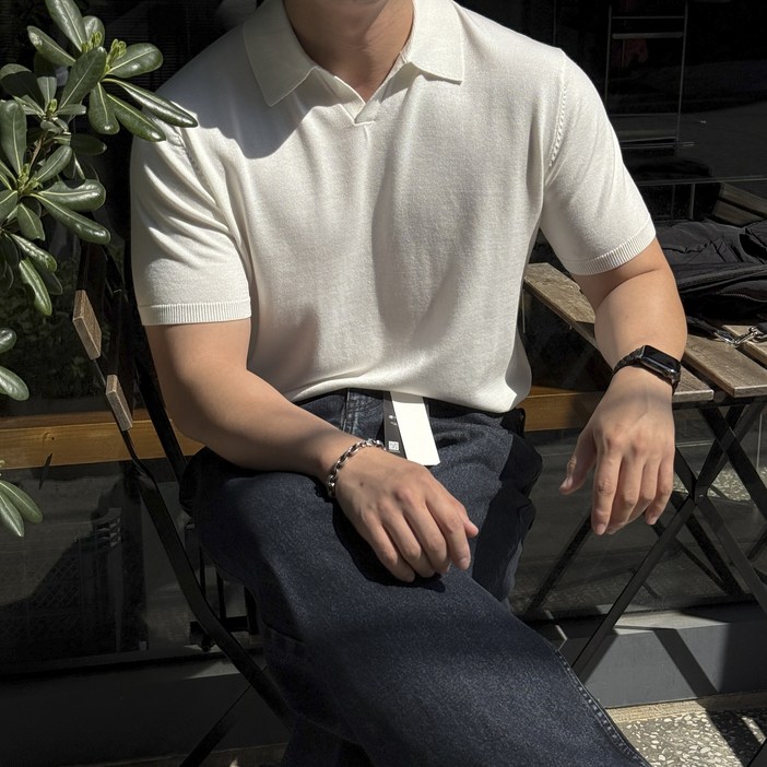 시스템 텐셀 오픈 카라 반팔 니트