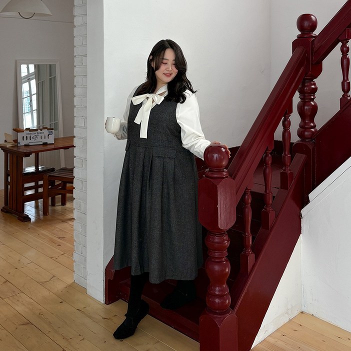 [55-110][격식룩] 헤링본 플리츠 뷔스티에 원피스 여성 빅사이즈 여자 플러스사이즈 어거스트플랜