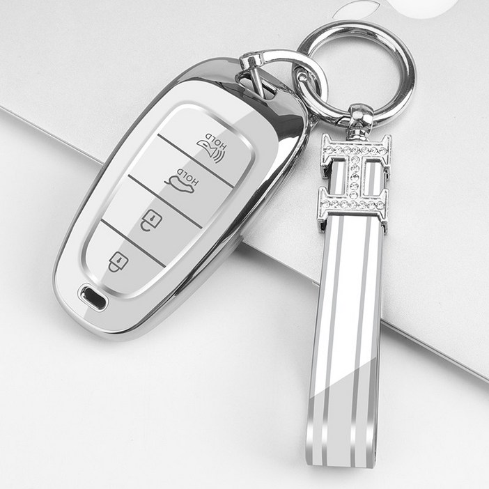 키에티 현대 호환 쏘나타DN8 더뉴그랜저 4버튼 키케이스  H큐빅 키체인, 실버화이트