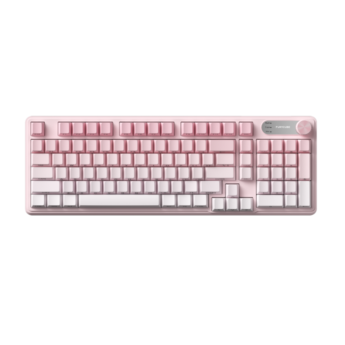 퓨리큐브 IP98 무소음 특조 기계식 감각 멤브레인 키보드 - 방수 PBT 측각 영어 키캡, 스마트 노브+디스플레이, 유선 LED 98키 블랙베리 그레이 그러데이션 컨투어, 단일상품, 미스티 피치 핑크