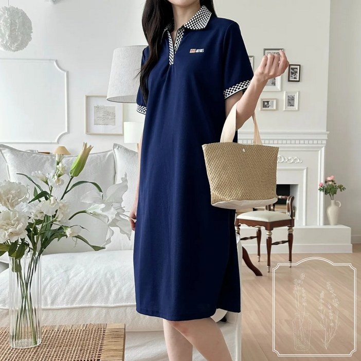 라벤더헤이즈 여성 카라넥 여름 반팔 빅사이즈 미디 스판 중년 원피스