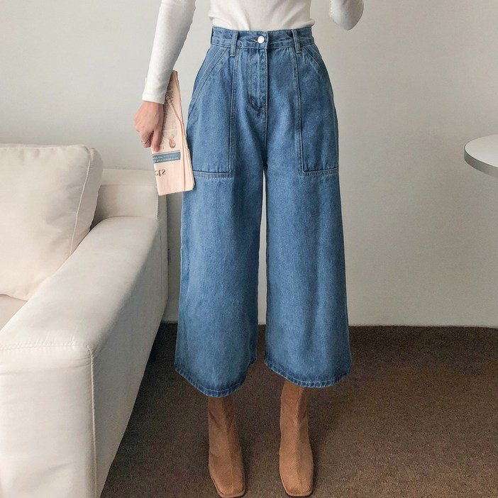 요시아나 당일발송 빅포켓 하이웨이스트 와이드 7부 데님 팬츠