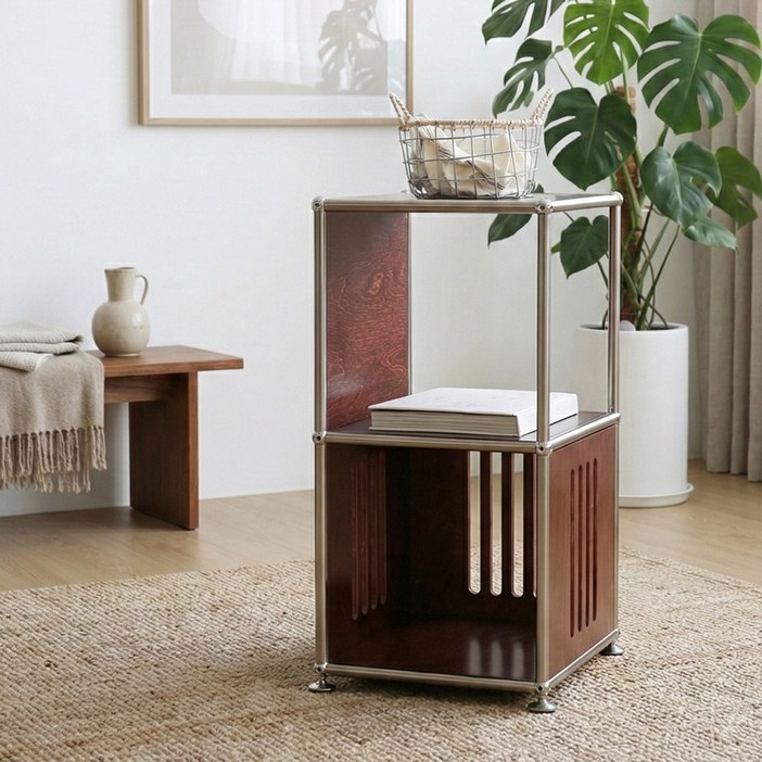 에프룸 미드센츄리 타공 디자인 모듈선반 침대 협탁 NF310 SP, 3단, 자작 원목