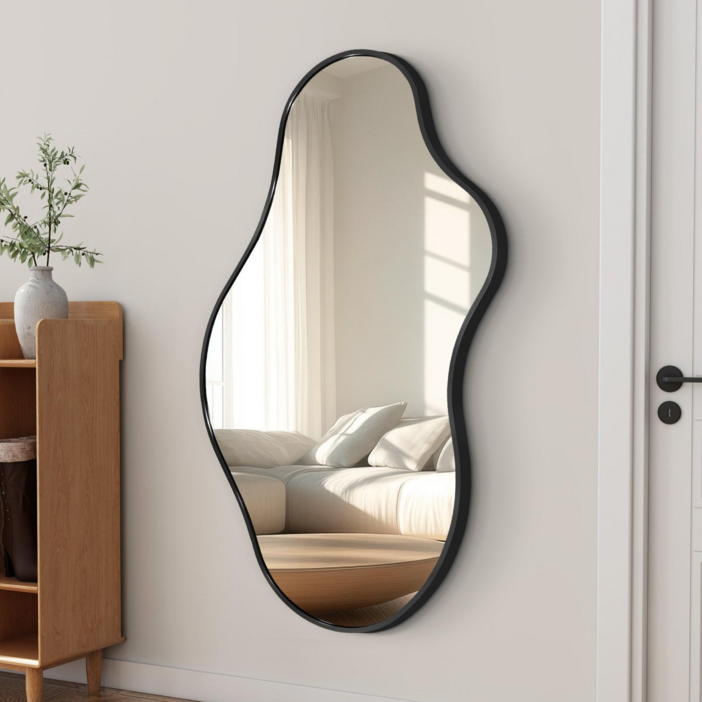 Fahomiss 비정형 거울 웨이브미러 벽걸이 깨짐방지 유리 거울, 블랙