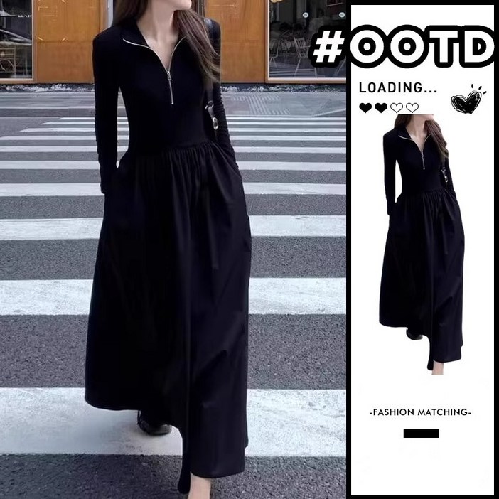 ANYOU 니트 롱 원피스 가을 겨울 프렌치 스타일 여성 긴팔 데일리