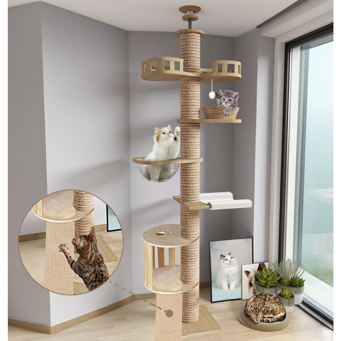 포조이 캣폴, 튼튼한 다기능 고양이 캣타워, 원목 대형 멀티 클라이밍 놀이터 링트리 등반 프레임  스크래쳐  고양이장난감