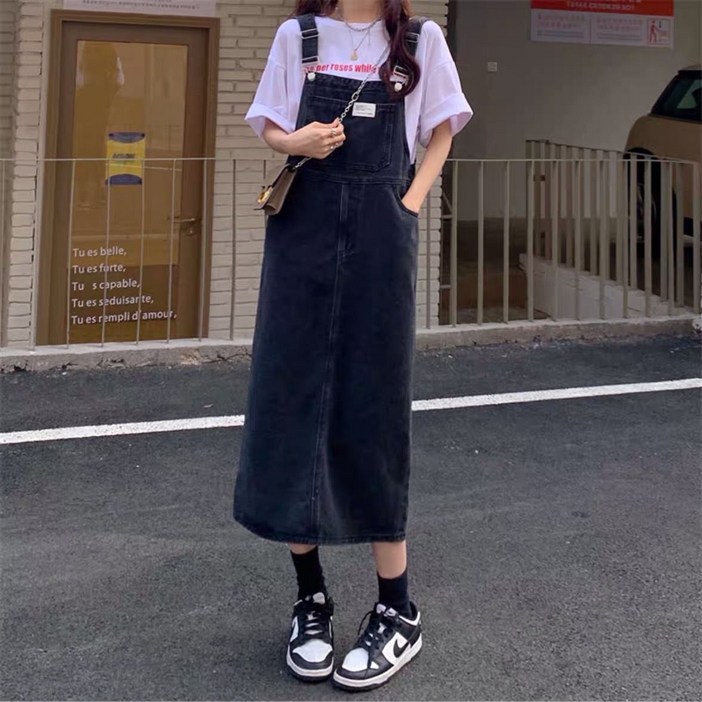 여성용 데님 멜빵 스커트 빅사이즈 박시 a라인 멜빵 원피스 뉴타임즈 F70271