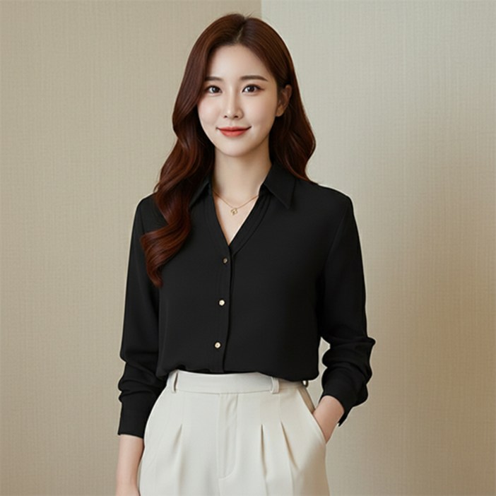 데일로엔 여성 심플 카라넥 긴팔 셔츠 블라우스