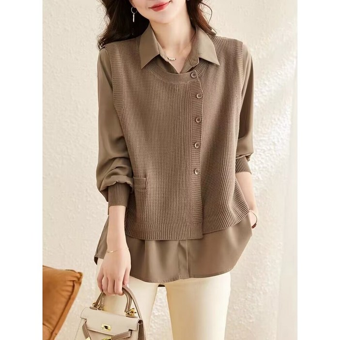 스타일닥터 여성 카라넥 블라우스 캐주얼 레이어드 니트 심플 루즈핏 긴팔 셔츠