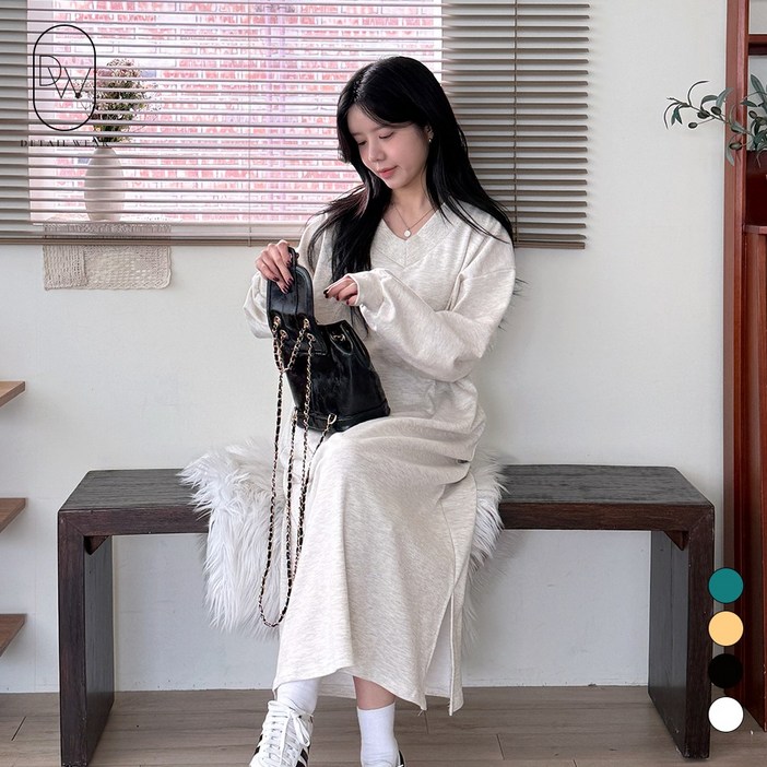 디테일웨어 여성 브이넥 간절기 롱원피스 포켓포함 빅사이즈 편한원피스 젊줌마 임부복 무지 옆트임 홈웨어 꾸안꾸룩