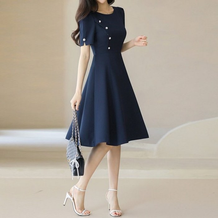 스타일온미 스타일온미 레마네 사이드 진주 A라인 미디 플레어 원피스 739418