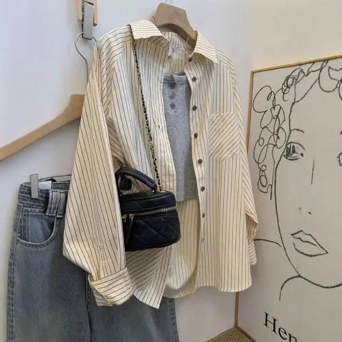 Asure 여성셔츠 스트라이프 실크셔츠 베이직 남방 루즈핏셔츠 블레이저