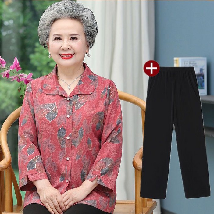 COSYEVNO 중장년 엄마 세트 가을 빅사이즈 루즈핏 패션 브이넥 나염 긴팔 상의하의 투피스 lyjzlnmmtz6