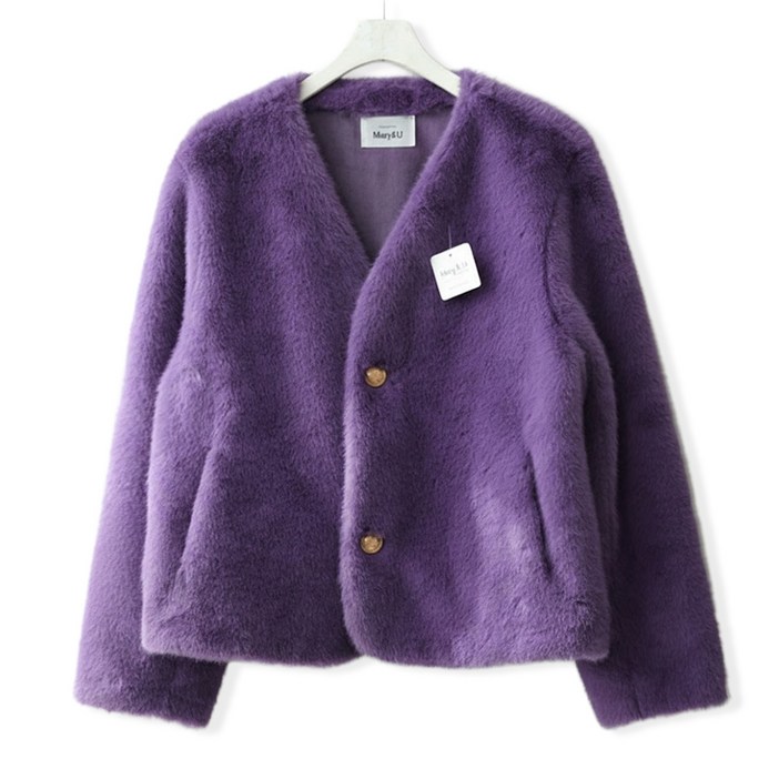 메리앤유 투버튼 페이크 밍크 털 겨울 아우터 하프 자켓 코트
